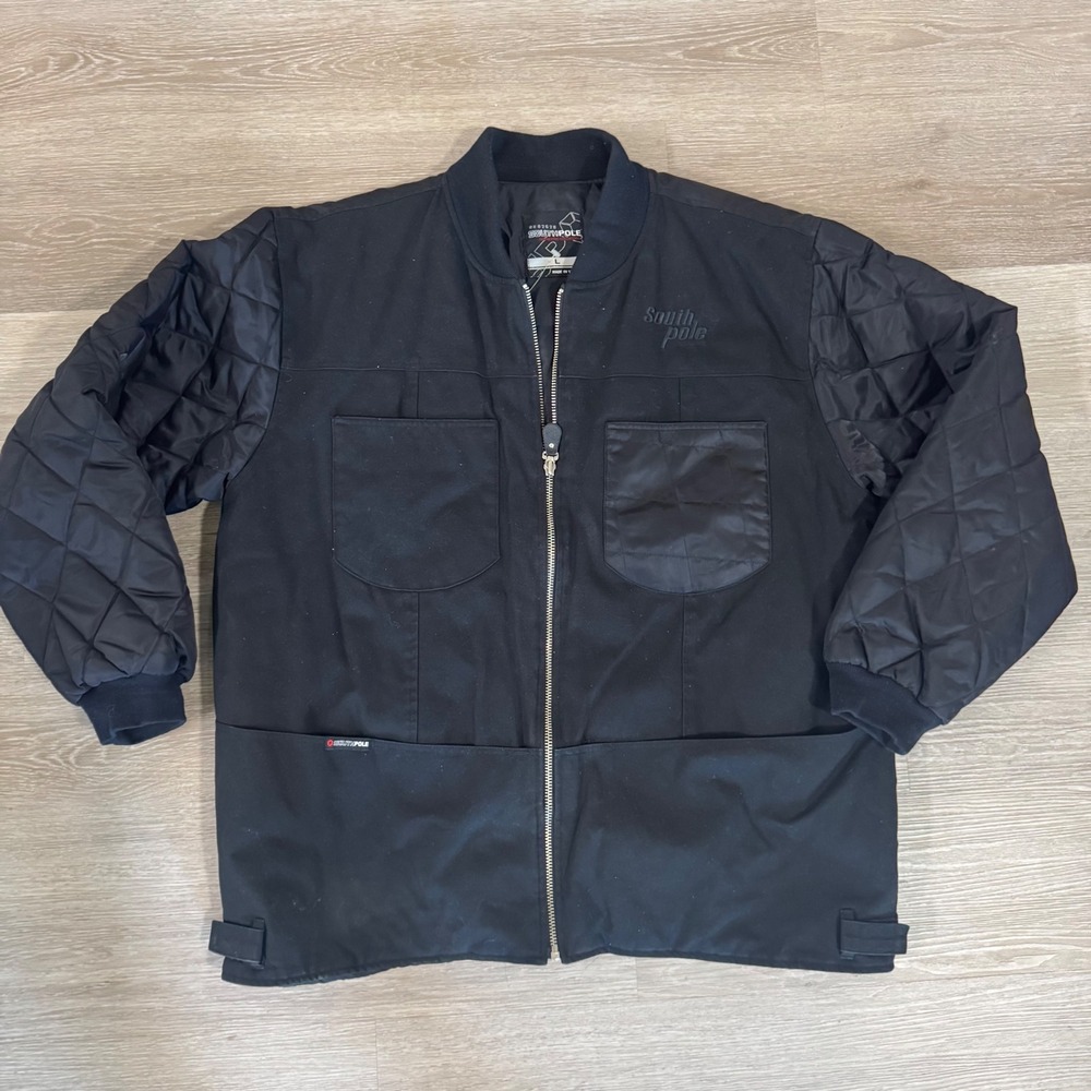 Y2K Southpole Bomber Jacket Mens L Black Quilted Sleeves Canvas Body Full Zip